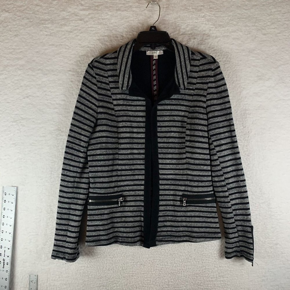 Drew Cardigan Sweater Blazer Womens Large Gray Black Striped Zipper Pockets 8540